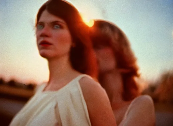 Image similar to close-up color film photography 1970s, long shot, bold woman, soft focus, golden hour, soft light, 35mm, film photo, Joel Meyerowitz