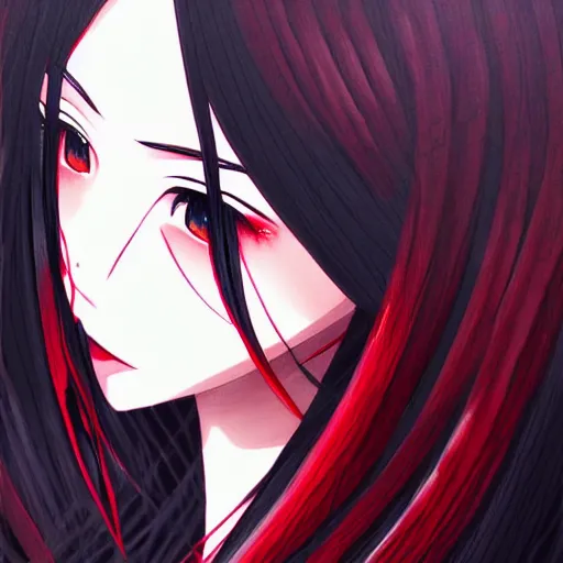 Image similar to beautiful seductive female spirit, sleeping, highly detailed, painting, dark red and black color palette, intricate, high quality anime artstyle, in the style of sana takeda