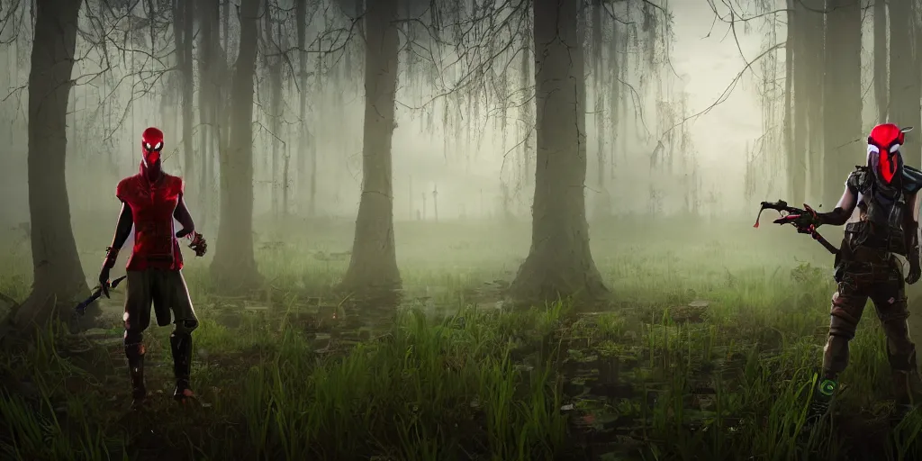 Image similar to inside of strange misty swamp landscape a gamekeeper wearing a steampunk and cyberpunk mechanical fluorescent mystical animal mask and red hood. in style of fornite game. night fog,, beautiful render, octane render