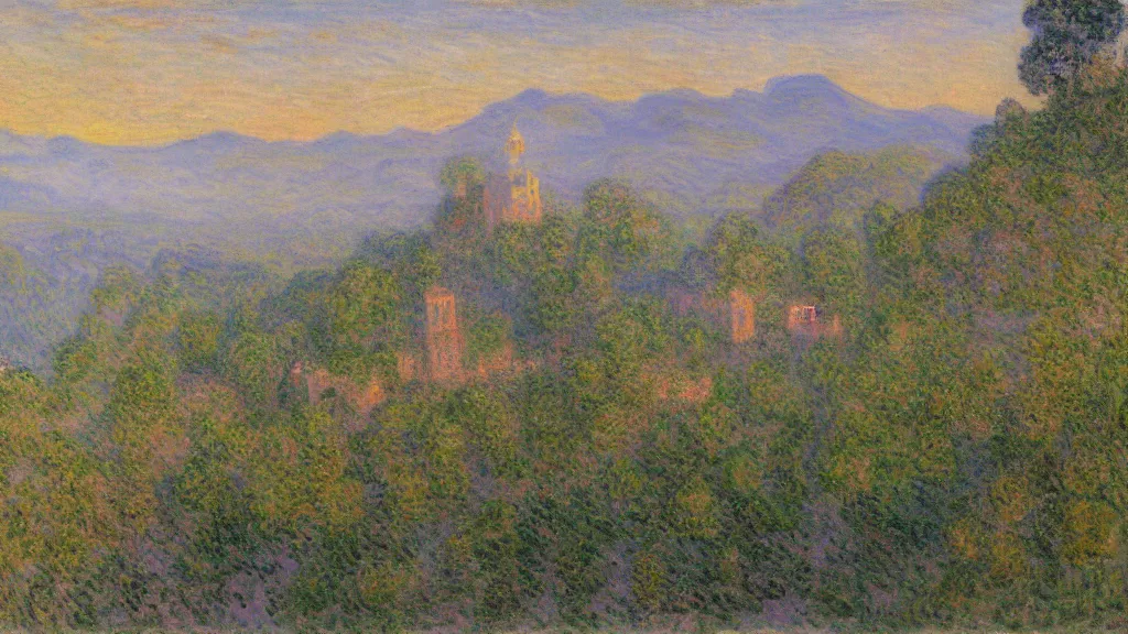 Prompt: High-Quality realist painting of an orthodox monastery in a valley at dawn by Claude Monet, peaceful, very detailed, digital art.