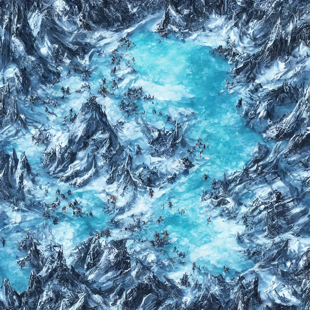 Image similar to a d & d background of a frozen lake with monsters beneath the ice, viewed from above, high quality digital art, gridless, vivid, blue tones, oil painting, trending on arstation, oil painting