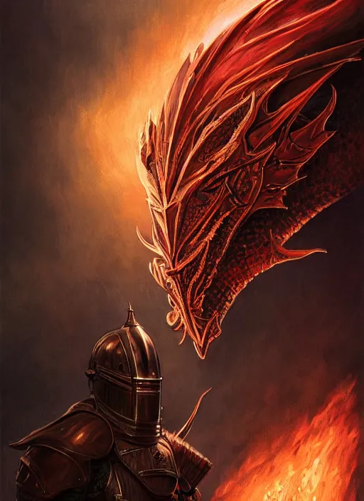 Image similar to highly detailed portrait of knight's helmet reflecting red dragon reflection detailed, 8 k blocking flames fire, green eyes, fantasy art by by simon bisley, loish, rhads, ferdinand knab, makoto shinkai and lois van baarle, ilya kuvshinov, rossdraws, tom bagshaw, global illumination, radiant light, detailed and intricate environment