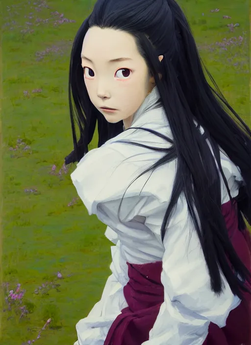 Image similar to portrait of Nezuko Kamado from Demon Slayer Anime, countryside, calm, fantasy character portrait, dynamic pose, above view, sunny day, thunder clouds in the sky, artwork by Jeremy Lipkin and Giuseppe Dangelico Pino and Michael Garmash and Rob Rey, very coherent asymmetrical artwork, sharp edges, perfect face, simple form, 100mm