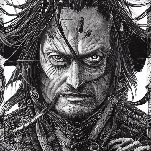 Prompt: portrait closeup of crazy hector barbossa, galleons, symmetrical, hyper detailed, by yoichi hatakenaka, masamune shirow, josan gonzales and dan mumford, ayami kojima, takato yamamoto, barclay shaw, karol bak, yukito kishiro