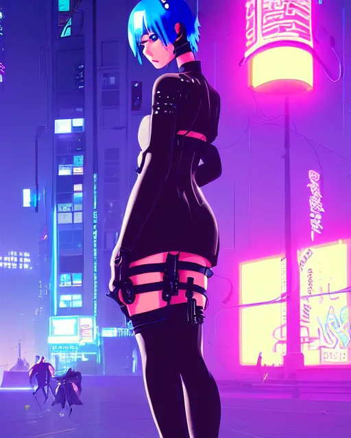 Image similar to digital illustration of cyberpunk pretty girl with blue hair, wearing a black dominatrix outfit, in city street at night, by makoto shinkai, ilya kuvshinov, lois van baarle, rossdraws, basquiat