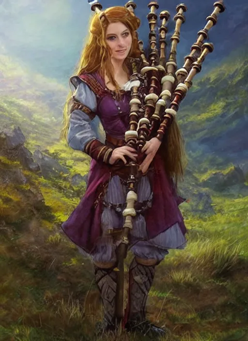 Image similar to female bard playing bagpipe, ultra detailed fantasy, dndbeyond, bright, colourful, realistic, dnd character portrait, full body, pathfinder, pinterest, art by ralph horsley, dnd, rpg, lotr game design fanart by concept art, behance hd, artstation, deviantart, hdr render in unreal engine 5