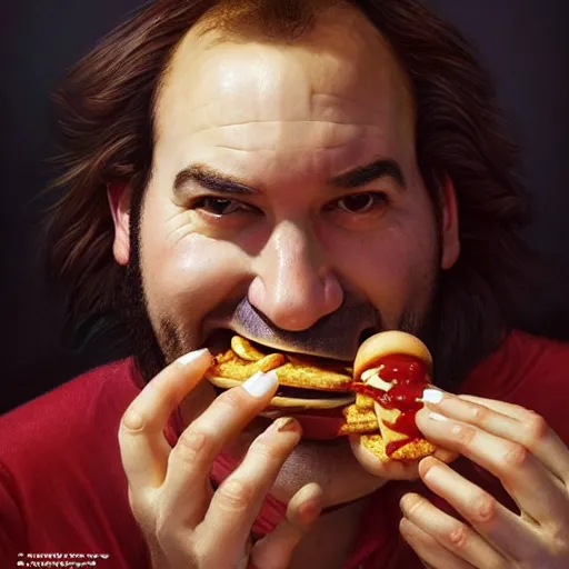 Image similar to portrait of a george Constanza eating a hamburger, extra onions and ketchup, luscious patty with sesame seeds, masculine, handsome, D&D, fantasy, intricate, elegant, highly detailed, digital painting, artstation, concept art, matte, sharp focus, illustration, art by Artgerm and Greg Rutkowski and Alphonse Mucha