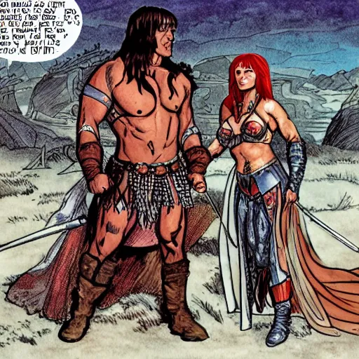 Prompt: a detailed illustration of conan the barbarian marrying red sonja marvel comics art style