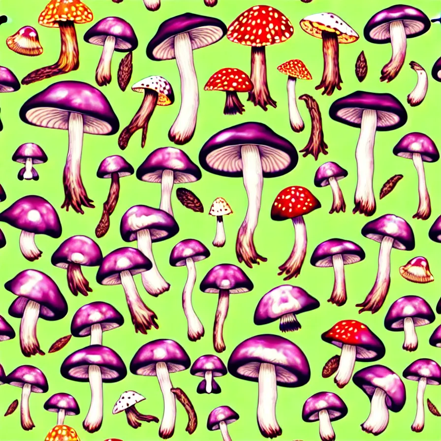 Image similar to plethora of mushroom characters and mycelium, vivid natural color hues and natural surroundings, colorful painted patterns and motifs on mushrooms, seamless fabric pattern 8K, highly detailed.