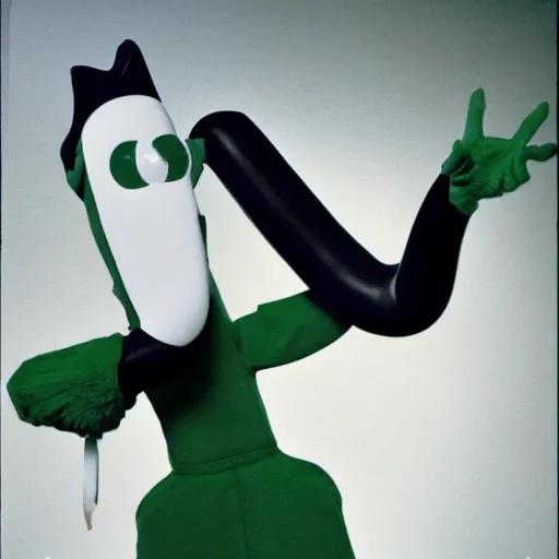 Prompt: Gumby with a long prosthetic nose 1977 wacky live-action childrens show technicolor film