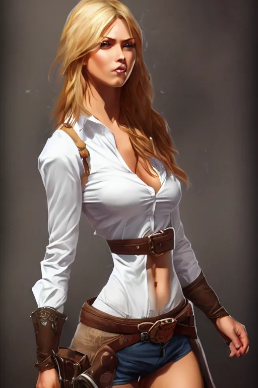 Prompt: full body, female cowgirl, perfect face, white blouse, holster, 8 k, magic the gathering, desert, d & d, artstation, high detail, smooth, muscular