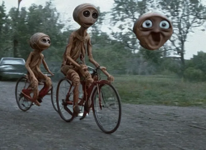 Image similar to the movie et except the alien is mr bean bicycle scene