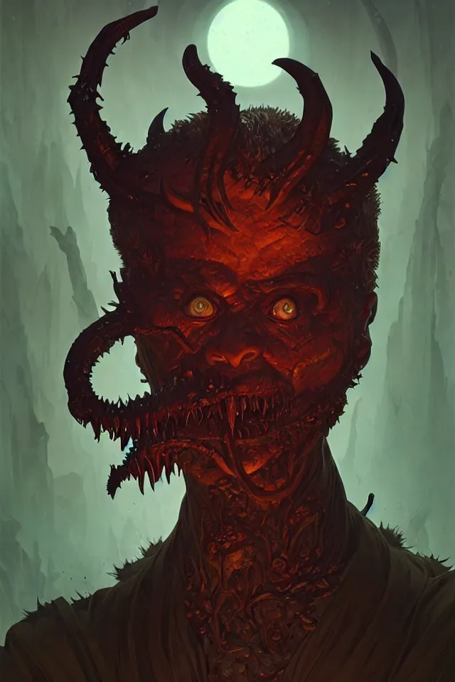 Prompt: portrait of a corrupted demonic fiend, looking at camera, d & d, savage monster, intricate, fantasy, extremely detailed, digital painting, artstation, concept art, smooth, sharp focus, illustration, ambient lighting, art by artgerm and greg rutkowski and alphonse mucha and simon stalenhag