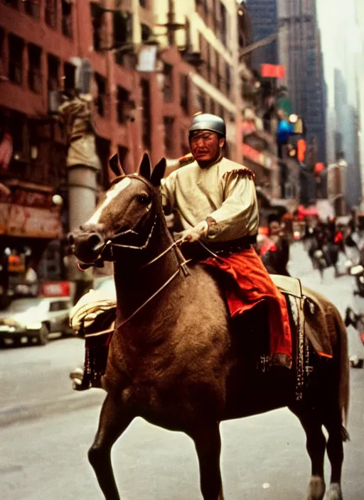 Prompt: a 35mm photograph of Genghis Khan riding a horse down a New York city street in the 1960's, bokeh, Canon 50mm, cinematic lighting, photography, retro, film, Kodachrome