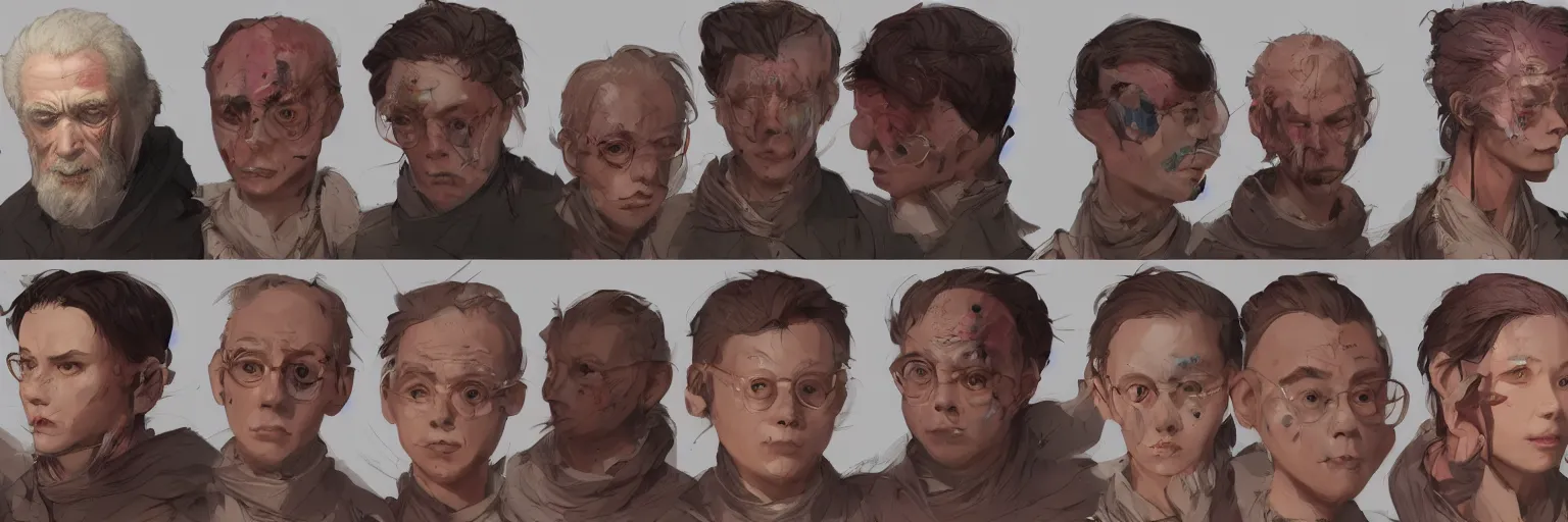 Prompt: colorful character faces, realistic todd solondz faces, character sheet, fine details, concept design, contrast, kim jung gi, greg rutkowski and da vinci, trending on artstation, 8 k, emotional, face turnaround, front view, back view, side view, ultra wide angle