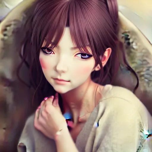 Image similar to beautiful serene intricate portrait of a realistic anime woman, smiling softly, wearing casual clothes, relaxing on the couch, interior lighting, cozy living room interior, soft focus, 8 k, art by irakli nadar, hyperrealism, hyperdetailed, ultra realistic