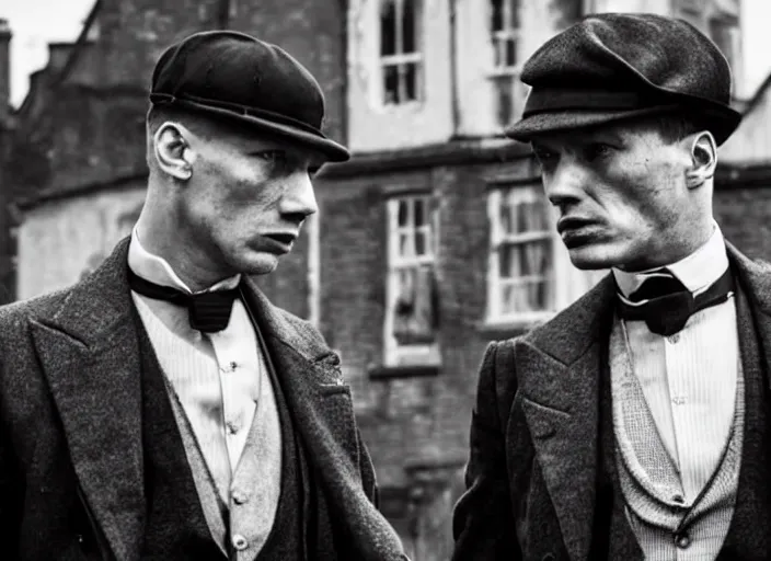 Image similar to an action scene from peaky blinders, medium long shot, cillian murphy and tom hardy, sharp eyes, serious expressions, detailed and symmetric faces, black and white, cinematic, epic,