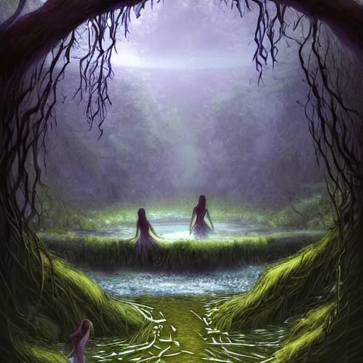 Image similar to beautiful digital fantasy illustration of A woody green field with a stream running through it, with a group of dryad women standing in the water. They seem to be preparing to submerge themselves in the cool, clear waters of the stream. a creepy creature standing in front of a mirror!, concept art by Alex Horley-Orlandelli!!, cgsociety contest winner!!!, gothic art,!!!!, cgsociety, official art, fantasy art, #vfxfriday, highly detailed, soft lighting, rendered in octane, masterpiece, very very very aesthetic