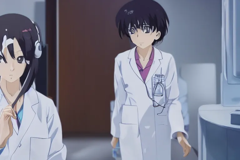 Prompt: a cute and beautiful young lady, a radiologist wearing white coat in a hospital ward, highly detailed, slice of life anime, anime scenery by Makoto shinkai