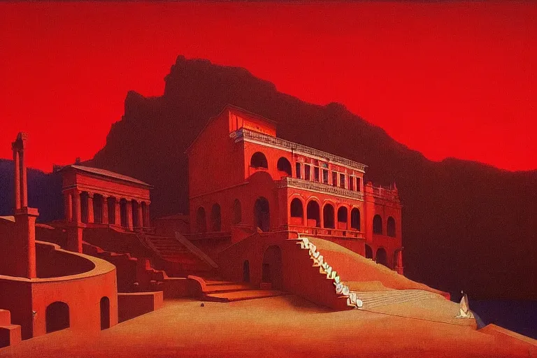 Image similar to only with red, a red great emperor, taormina amphitheatre, expressive crowd hails him, in the style of beksinski, parts by edward hopper, parts by rodcenko, parts by yue minjun, intricate and epic composition, red by caravaggio, insanely quality, highly detailed, masterpiece, red light, artstation, 4 k