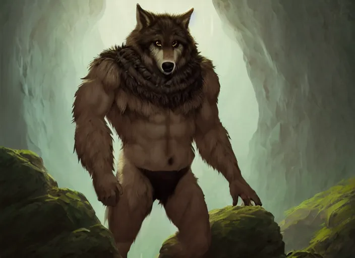 Image similar to burly tough character feature portrait of the anthro male anthropomorphic wolf fursona animal person wearing tribal primitive caveman loincloth outfit full wolf fur body standing in the entrance to the cave, perfect framed character design stylized by charlie bowater, ross tran, artgerm, makoto shinkai, detailed, soft lighting, rendered in octane masterpiece