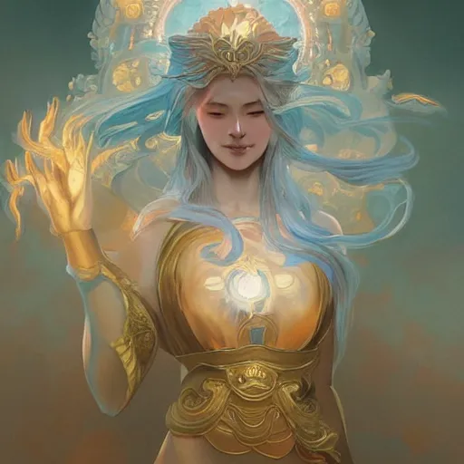 Prompt: female japanese sun elemental, ghostly form, transparent, d & d, golden!!! palette, highly detailed, digital painting, artstation, concept art, sharp focus, illustration, cinematic lighting, art by artgerm and greg rutkowski and alphonse mucha