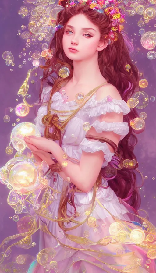 Image similar to portrait of magical lolita girl, dreamy and ethereal, expressive pose, big gold eyes, exciting expression, fantasy, intricate, elegant, many rainbow bubbles, rose tones, highly detailed, digital painting, artstation, concept art, cyberpunk wearing, smooth, sharp focus, illustration, art by artgerm and greg rutkowskiand alphonse mucha