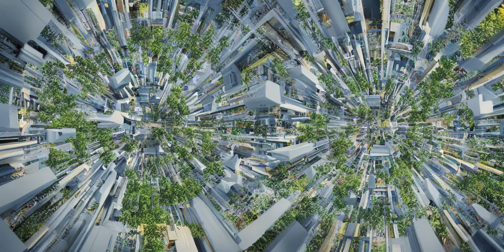 Image similar to Bustling photorealistic!!! utopian city reimagined by Max Hay, inverted fisheye lens!!!, eyelevel!!! view!!! photography, trending on artstation, 4k, 8k, lens distortion, chromatic aberration, soft focus blur, photorealistic imagery, photorealistic details, intricate, highly detailed, artstation 3d, artstation render, artstation 3d render, 3d art, unreal engine 3d, octane 3d, blender 3d, 3d landscape