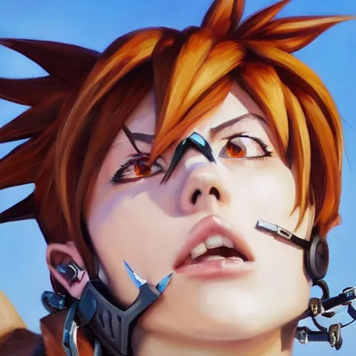 Prompt: oil painting of tracer overwatch in a field wearing spiked collar around neck, in style of artgerm, expressive face, wearing choker, steel collar, steel choker, wearing collar on neck, detailed face, detailed eyes, full body, feminine face, tracer overwatch,