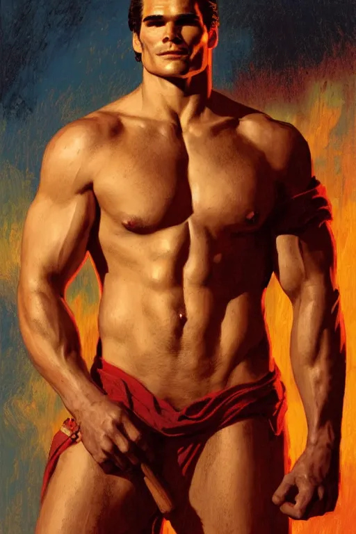 Prompt: henry caville as a muscular firefighter, tom of finland, gaston bussiere, craig mullins, j. c. leyendecker