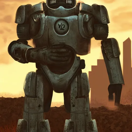 Image similar to man in fallout 3 power armor on a high cliff looking at a nuclear bombed city off in the distance, high resolution fantasy concept art, realistic, intricate details, soft lighting