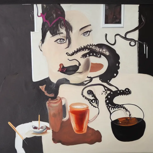 Image similar to sensual, a portrait in a female art student's bedroom, black walls, a woman drinking coffee, pancakes, maple syrup dripping, chocolate, surgical supplies, ikebana, octopus, neo - expressionism, surrealism, acrylic and spray paint and oilstick on canvas