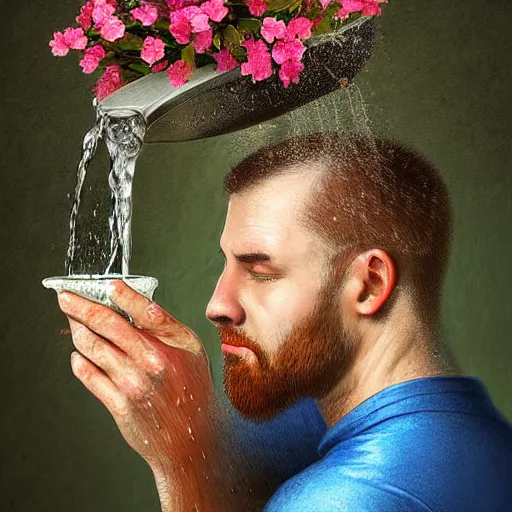 Image similar to man pouring water on head, flowers are in a pot on his head, the pot is part of his head, high detail, 8K digital art