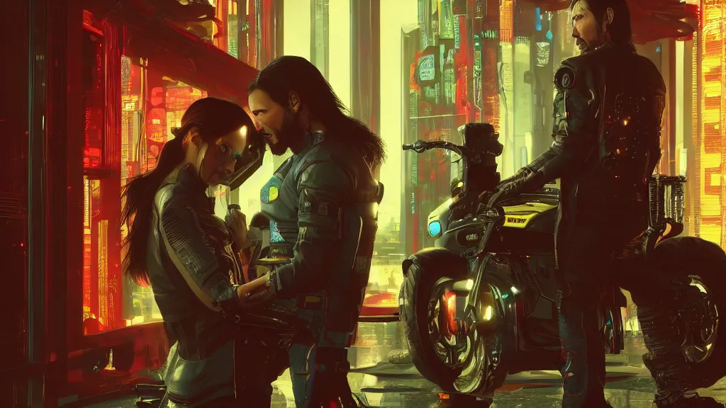 Image similar to a cyberpunk 2077 srcreenshot couple portrait of Keanu Reeves female android in love,film lighting,by Laurie Greasley,Lawrence Alma-Tadema,Dan Mumford,John Wick,Speed,Replicas,artstation,deviantart,FAN ART,full of color,Digital painting,face enhance,highly detailed,8K,octane,golden ratio,cinematic lighting