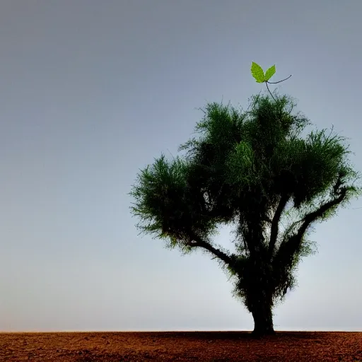 Prompt: a tree with a single leaf, in the desert, with a partially cloudy sky, belinski