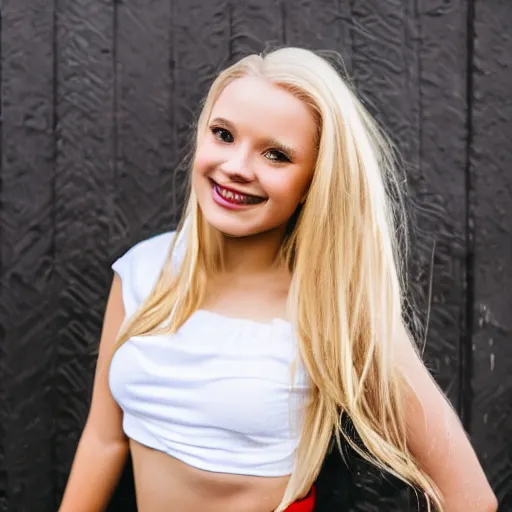 Image similar to young woman with blonde hair and beautiful features, wearing crop top and miniskirt, photography, full body, alluring, smile