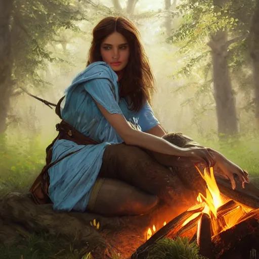 Image similar to epic portrait a scout woman sitting by campfire, beauty, pretty face, glossy skin, glowing, digital painting, artstation, concept art, soft light, hdri, smooth, sharp focus, illustration, fantasy, intricate, elegant, highly detailed, D&D, matte painting, in the style of Greg Rutkowski and Alphonse Mucha and artemisia, 8k, highly detailed, jurgens, rutkowski, bouguereau, pastoral, rustic, georgic