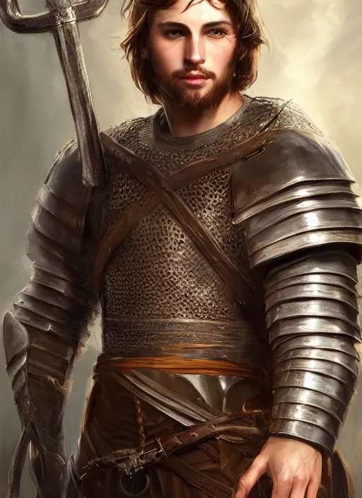 Image similar to a relaxed gorgeous male medieval warrior, short brown hair, stringy, full body, 8 k, hyperrealistic, hyperdetailed, fantasy portrait by laura sava