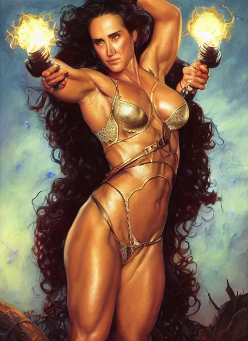 Image similar to portrait of a very muscled Jennifer Connelly as a heroine staring into the camera, torches and fireflies, artstation, intricate, elegant, highly detailed, art by Donato Giancola, Joseph Christian Leyendecker, WLOP, Boris Vallejo, Artgerm