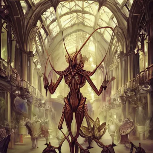 Prompt: human-sized Mantis religiosa shopping on a medival city market; fantasy; D&D; magic; illustration; art by artgerm