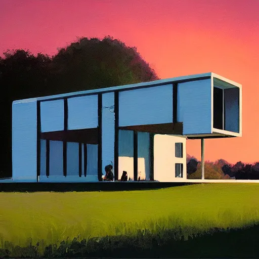 Prompt: farnsworth house painting by atey ghailan, blue hour, cinematic, masterpiece