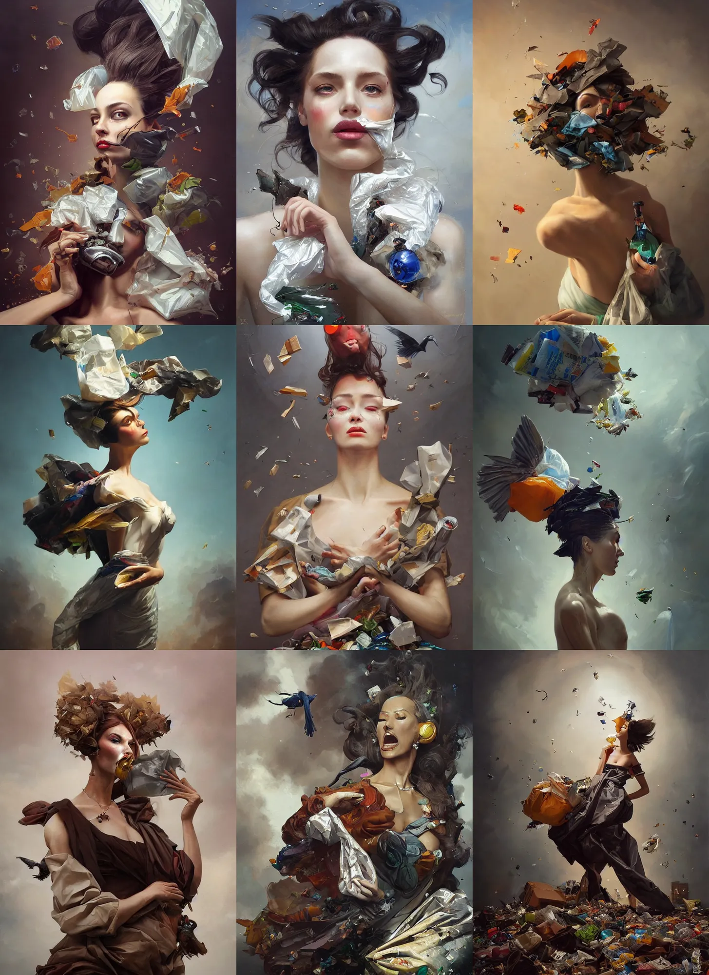 Prompt: fine art portrait oil painting of a beautiful woman with garbage flying into her face, wearing a plastic garbage bag, perspective, ultra detailed, elegant, intricate, dynamic lighting, hyperrealism, sharp focus, art by peter mohrbacher and tom bagshaw and andrei riabovitchev