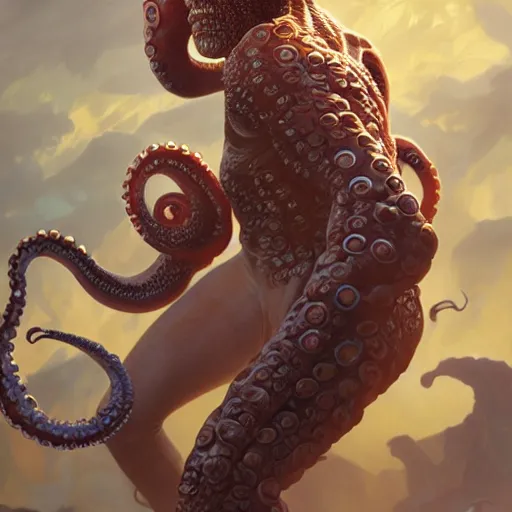 Image similar to portrait painting of octoman, half man, half octopus, ultra realistic, concept art, intricate details, extremely detailed, photorealistic, octane render, 8 k, unreal engine. art by artgerm and greg rutkowski and alphonse mucha