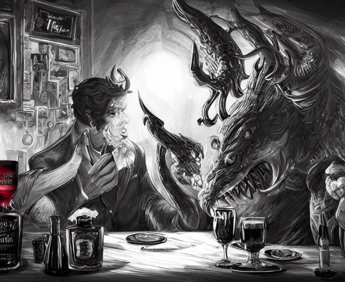 Prompt: a devil monster and a handsome gentleman toasting with whiskey in a pub, black and white and red colors, establishing shot, highly detailed, digital painting, artstation, concept art, smooth, sharp focus, illustration, Unreal Engine 5, 8K, art by artgerm, realistic painting