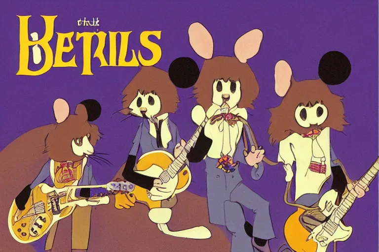Image similar to mice playing in a rock band dressed as the beatles, beautiful, dreamlike, wholesome, ghibli and disney animation, sharp, intricated, art by ken anderson and mel shaw, 7 0 s, dramatic lighting, brown palette,
