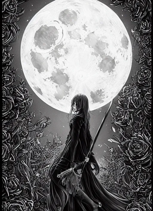 Image similar to portrait, A young witch in front of the full big moon, book cover, red roses, red white black colors, establishing shot, extremly high detail, foto realistic, cinematic lighting, pen and ink, intricate line drawings, by Yoshitaka Amano, Ruan Jia, Kentaro Miura, Artgerm, post processed, concept art, artstation, matte painting, style by eddie, raphael lacoste, alex ross