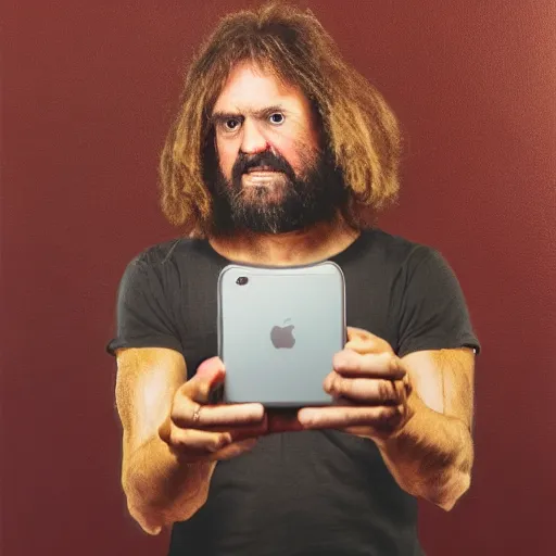Prompt: caveman holding iphone, portrait