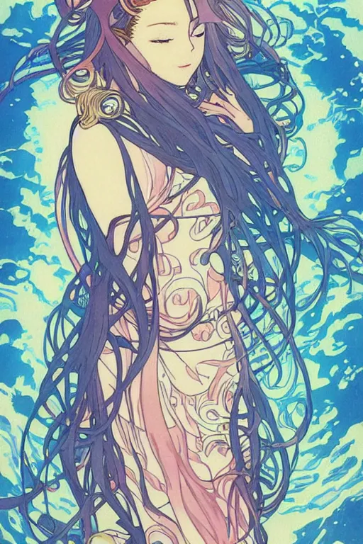 Prompt: portrait of a girl floating in a spacestation, flowing hair, last exile, blue submarine no. 6, loish, murata range, kawaii, studio lighting, anime, manga, vibrant bright colors, japanese, 1980s, beautiful, dreamy, alphonse mucha, gradation, jean giraud, yuya nagai