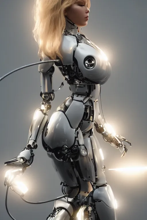 Image similar to a beautiful woman with blonde hair wearing robot suit with wires and light, highly detailed, photorealistic, artstation, smooth