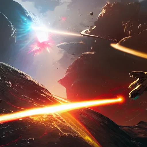 Image similar to an epic space battle with a large planet in the background with lasers shooting and explosions happening in middle background, artstation
